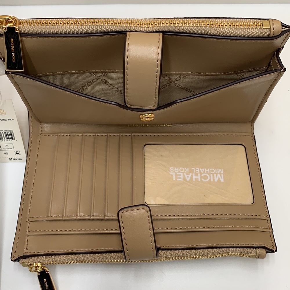MICHAEL KORS LARGE DOUBLE ZIP WRISTLET WALLET CAMEL MULTI COLOR - Picture 6 of 13
